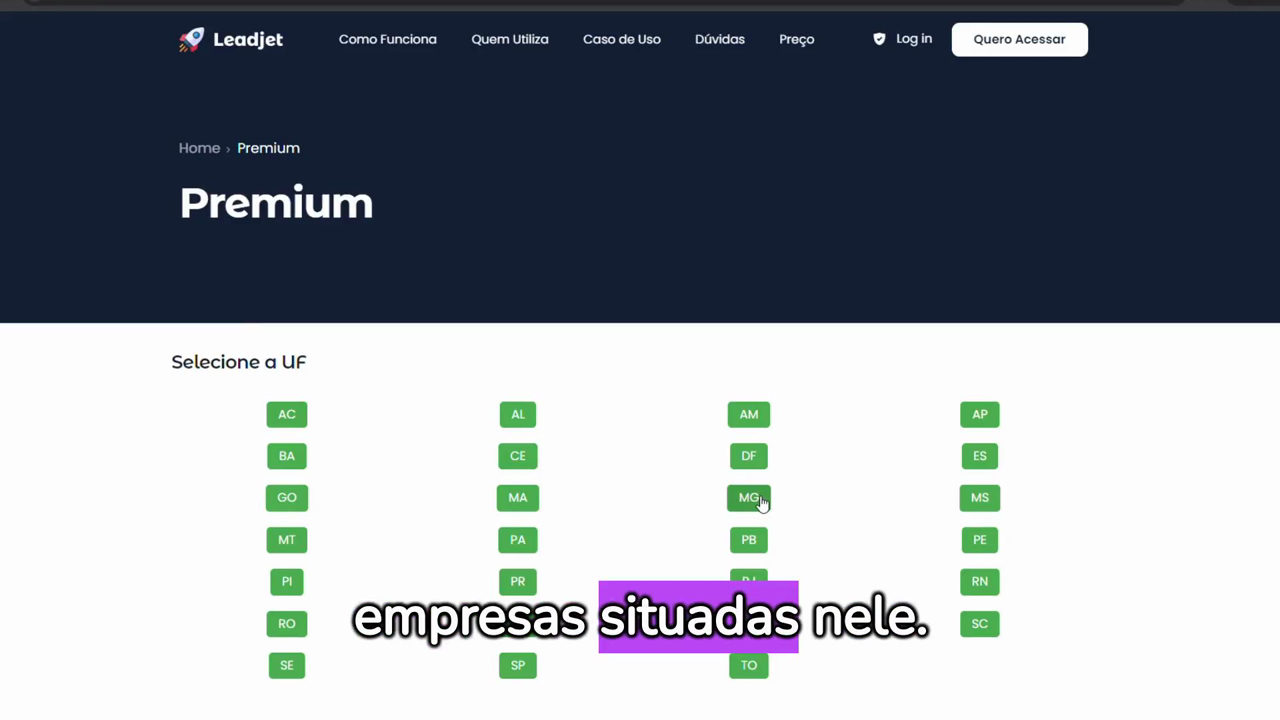 Tela da Leadjet com mapa do Brasil para selecionar UF e listar empresas B2B por estado, exemplificando segmentação geográfica em B2B