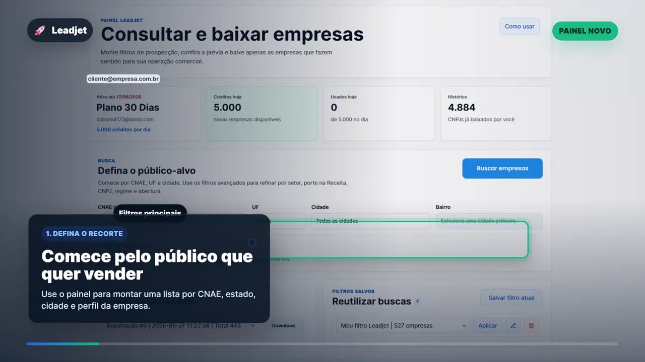 Vídeo demonstrando o painel da Leadjet para consultar e baixar empresas